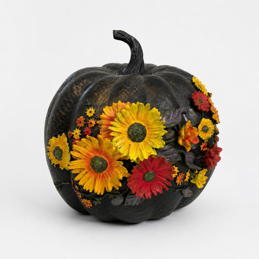 Black Pumpkin with Sunflower & Floral Fall Decor Harvest Accent 10" Tall